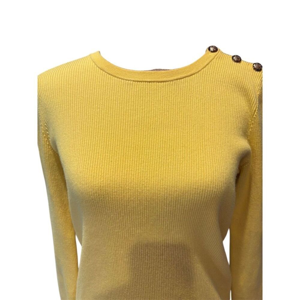 Lauren Ralph Lauren Women's Yellow Ribbed Crewneck Sweater L Gold Buttons - Picture 2 of 10